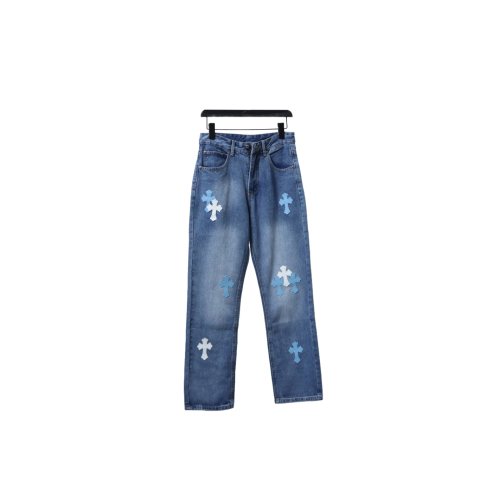 Chrome Hearts Miami Art Basel White Blue Cross Patch Jeans,Chrome Hearts Jeans,Jeans,CLOTHES