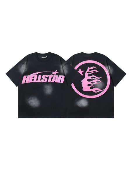 Hellstar Star Gel Sport Logo Washed Short Sleeved T-shirt 675 Black Pink,Hellstar T-Shirts,T-Shirts,CLOTHES