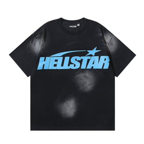 Hellstar Star Gel Sport Logo Washed Short Sleeved T-shirt 673 Black Blue,Hellstar T-Shirts,T-Shirts,CLOTHES