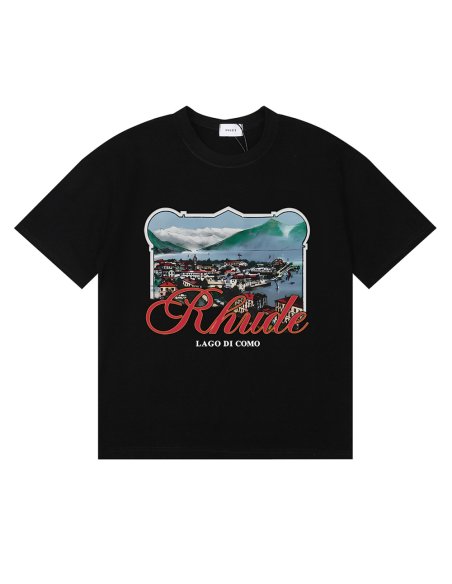 Rhude x Harrods Cotton Lago Di Como T-Shirt 50169 Vintage White/Black/Apricot,Rhude T-Shirts,T-Shirts,CLOTHES