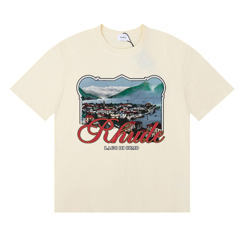 Rhude x Harrods Cotton Lago Di Como T-Shirt 50169 Vintage White/Black/Apricot,Rhude T-Shirts,T-Shirts,CLOTHES