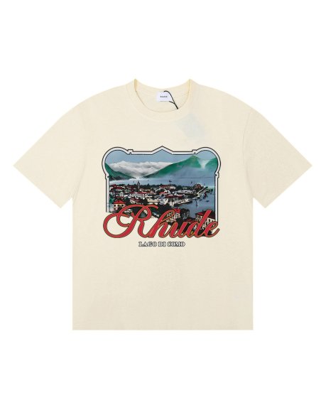 Rhude x Harrods Cotton Lago Di Como T-Shirt 50169 Vintage White/Black/Apricot,Rhude T-Shirts,T-Shirts,CLOTHES