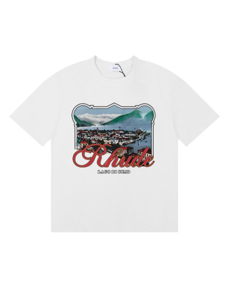 Rhude x Harrods Cotton Lago Di Como T-Shirt 50169 Vintage White/Black/Apricot,Rhude T-Shirts,T-Shirts,CLOTHES