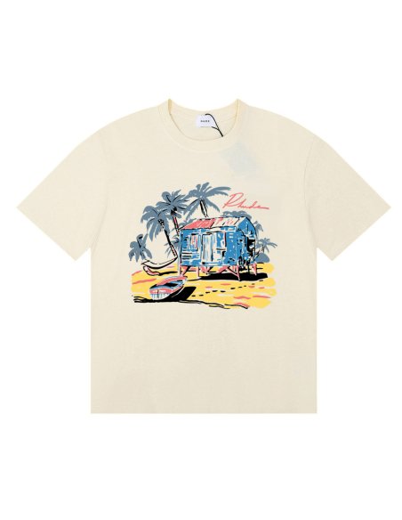 Rhude Beach-Side T-Shirt 50155 Apricot/White/Black,Rhude T-Shirts,T-Shirts,CLOTHES
