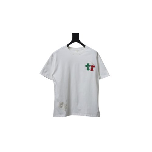 Chrome Hearts Red/Green Small Cross T-shirt White,Chrome Hearts T-Shirts,T-Shirts,CLOTHES