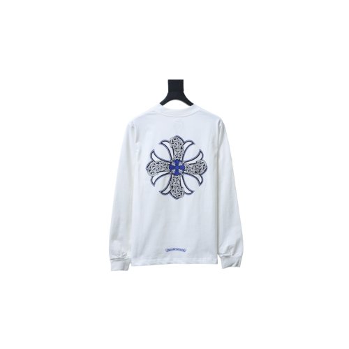 Chrome Hearts Blue Horseshoe Cross Long Sleeve T-Shirt White,Chrome Heart Long Sleeve Tees,Long Sleeve Tees,CLOTHES