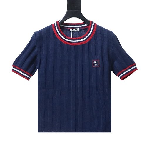 Miu Miu Preppy-Style Short-Sleeve Knit T-Shirt Blue,Miu Miu T-shirts,T-Shirts,CLOTHES