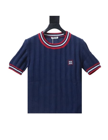 Miu Miu Preppy-Style Short-Sleeve Knit T-Shirt Blue,Miu Miu T-shirts,T-Shirts,CLOTHES