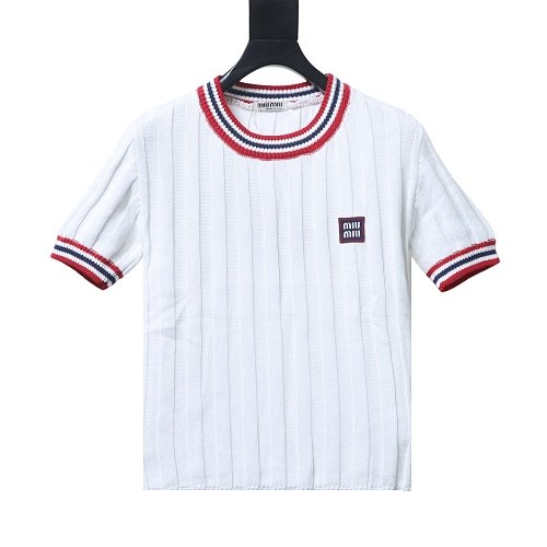 Miu Miu Preppy-Style Short-Sleeve Knit T-Shirt White,Miu Miu T-shirts,T-Shirts,CLOTHES