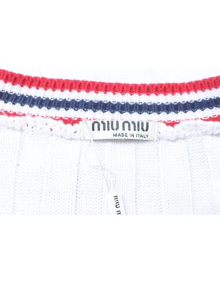 Miu Miu Preppy-Style Short-Sleeve Knit T-Shirt White,Miu Miu T-shirts,T-Shirts,CLOTHES