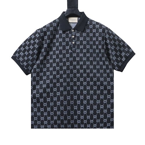 Gucci All-Over Print Short Sleeve Polo Shirt Black Gray,Gucci T-shirts,T-Shirts,CLOTHES