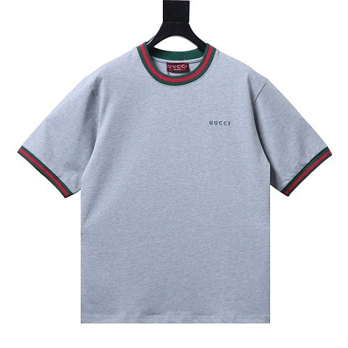 Gucci Red and Green Ribbed Crew-Neck T-Shirt Gray,Gucci T-shirts,T-Shirts,CLOTHES