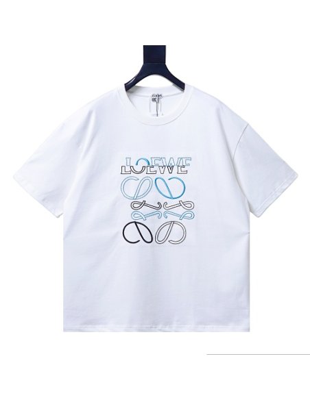 Loewe Misaligned Logo Embroidered T-Shirt White,Loewe T-Shirts,T-Shirts,CLOTHES