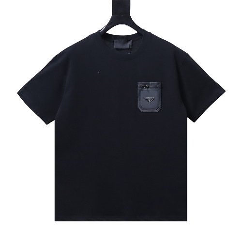 Prada Genuine Leather Black Pocket T-shirt Black,Prada T-shirts,T-Shirts,CLOTHES