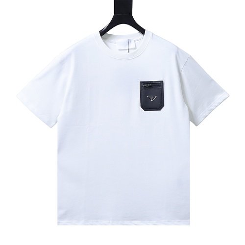 Prada Genuine Leather Black Pocket T-shirt White,Prada T-shirts,T-Shirts,CLOTHES