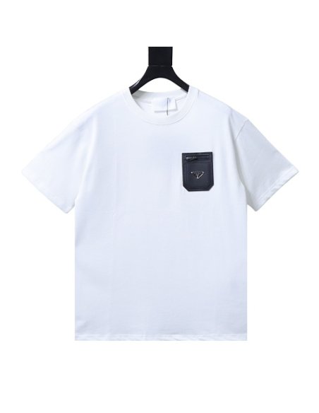 Prada Genuine Leather Black Pocket T-shirt White,Prada T-shirts,T-Shirts,CLOTHES