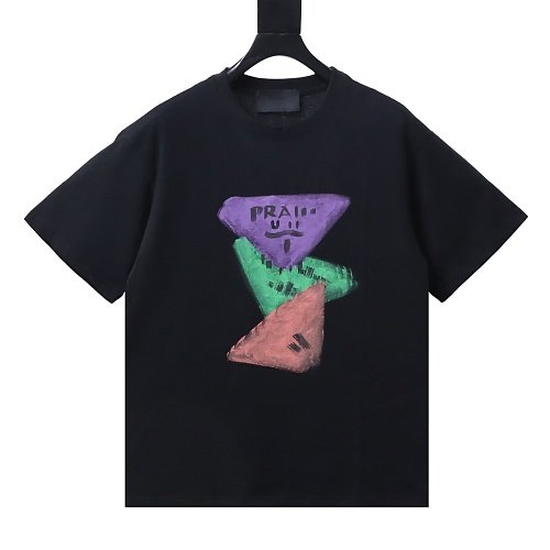 Prada Painted Logo Print T-shirt Black,Prada T-shirts,T-Shirts,CLOTHES