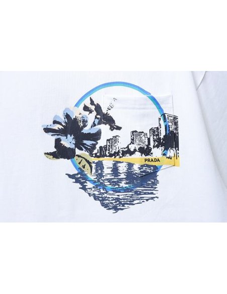 Prada Pocket Peony Print T-Shirt White,Prada T-shirts,T-Shirts,CLOTHES