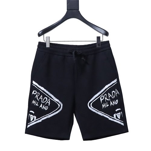 Prada Triangle Logo Hand-Drawn Print Shorts Black,Prada Shorts,Shorts,CLOTHES
