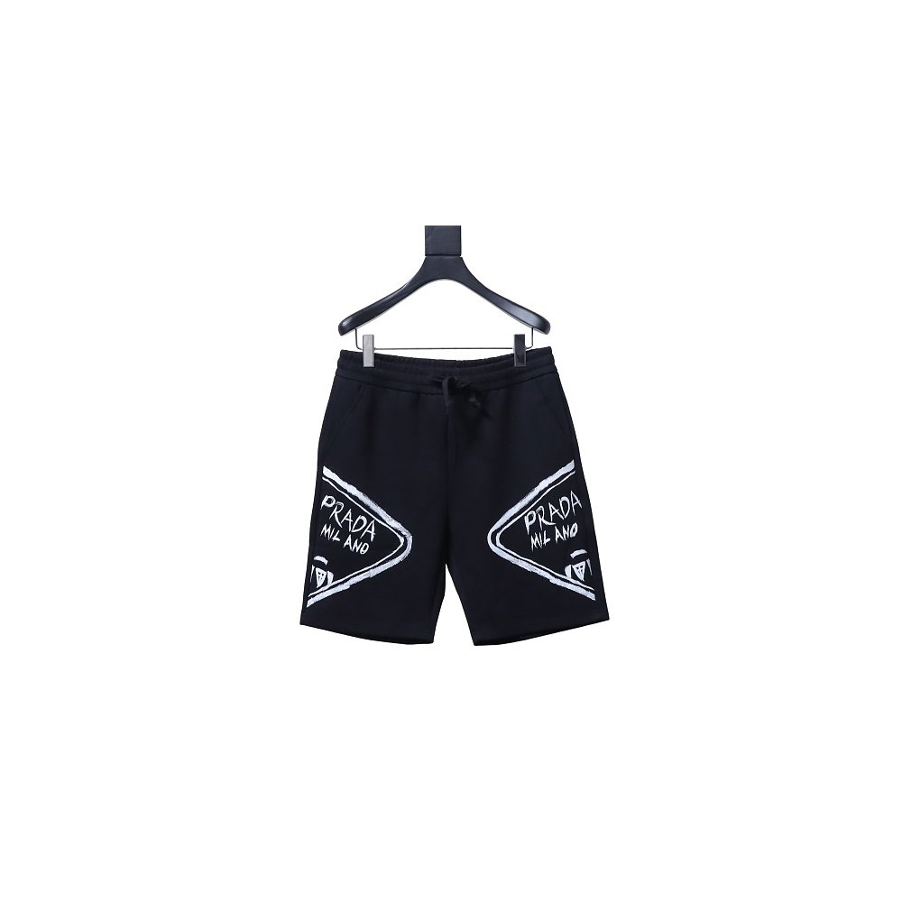 Prada Triangle Logo Hand-Drawn Print Shorts Black,Prada Shorts,Shorts,CLOTHES