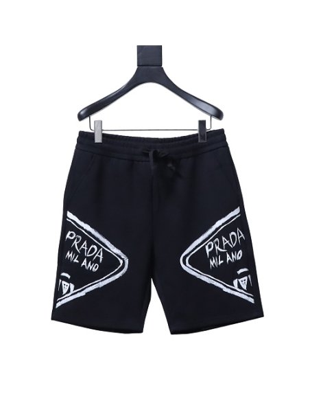 Prada Triangle Logo Hand-Drawn Print Shorts Black,Prada Shorts,Shorts,CLOTHES