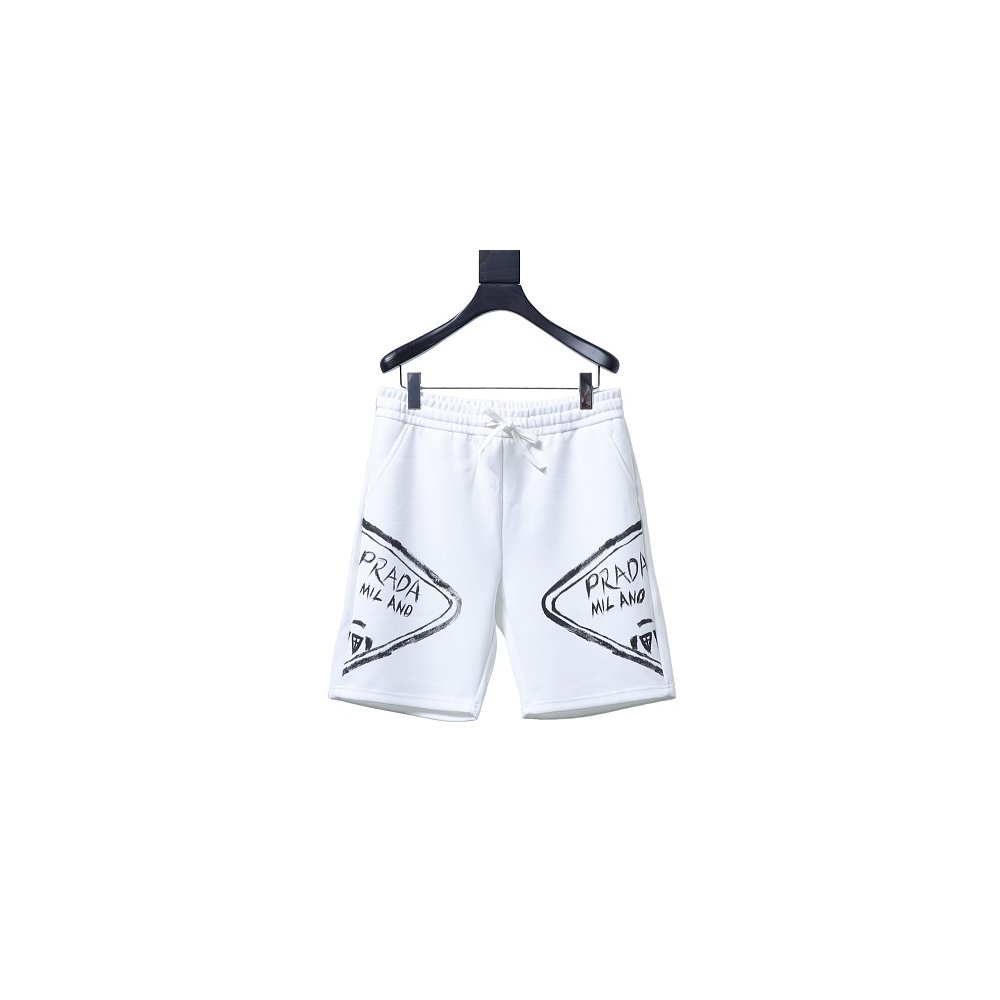 Prada Triangle Logo Hand-Drawn Print Shorts White,Prada Shorts,Shorts,CLOTHES