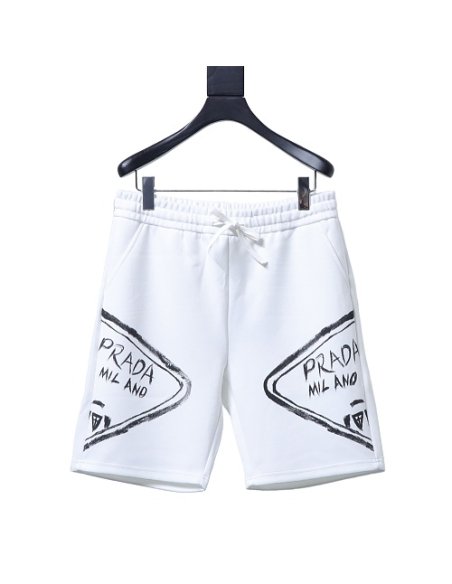 Prada Triangle Logo Hand-Drawn Print Shorts White,Prada Shorts,Shorts,CLOTHES