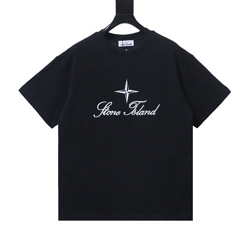 Stone Island Letter Embroidery T-Shirt Black,Stone Island T-Shirts,T-Shirts,CLOTHES