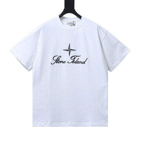Stone Island Letter Embroidery T-Shirt White,Stone Island T-Shirts,T-Shirts,CLOTHES