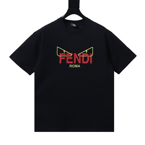 Fendi Yellow-Eyed Red-Letter Print T-Shirt Black,Fendi T-Shirts,T-Shirts,CLOTHES