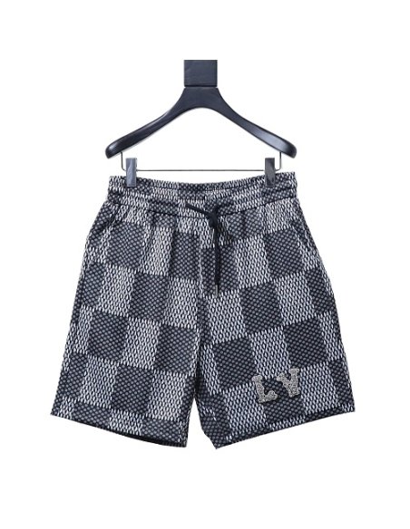 Louis Vuitton Rhinestone Letter Logo Checkerboard Shorts,Louis Vuitton Shorts,Shorts,CLOTHES