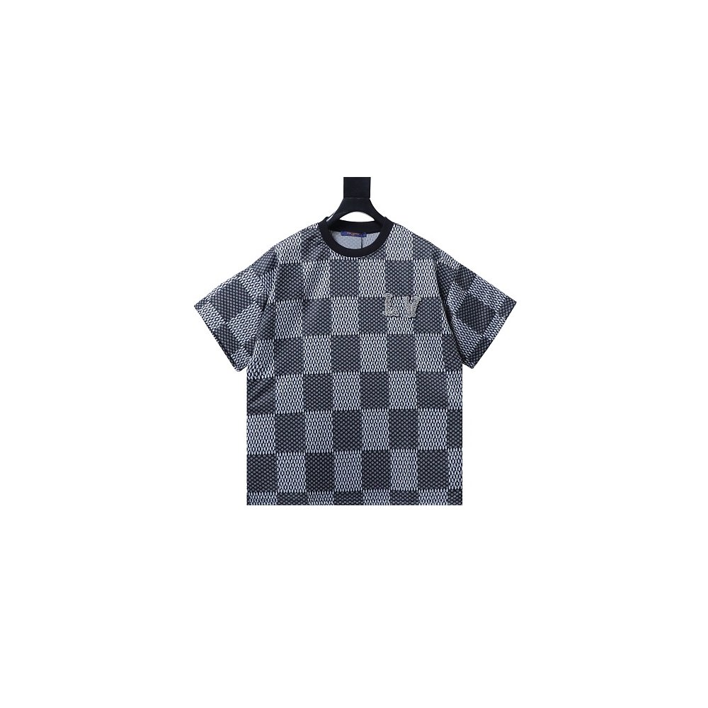Louis Vuitton Rhinestone Letter Logo Checkerboard T-Shirt Black,Louis Vuitton T-Shirts,T-Shirts,CLOTHES