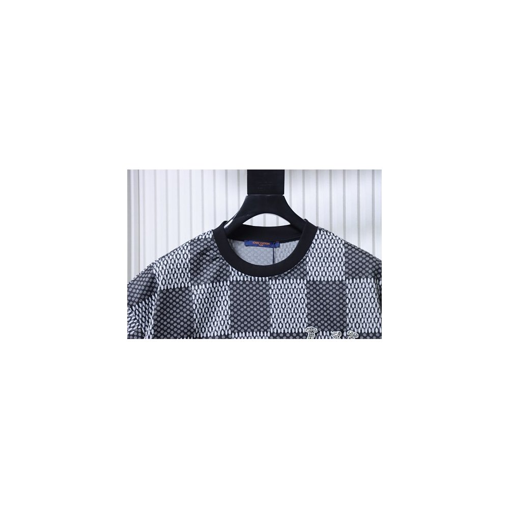 Louis Vuitton Rhinestone Letter Logo Checkerboard T-Shirt Black,Louis Vuitton T-Shirts,T-Shirts,CLOTHES