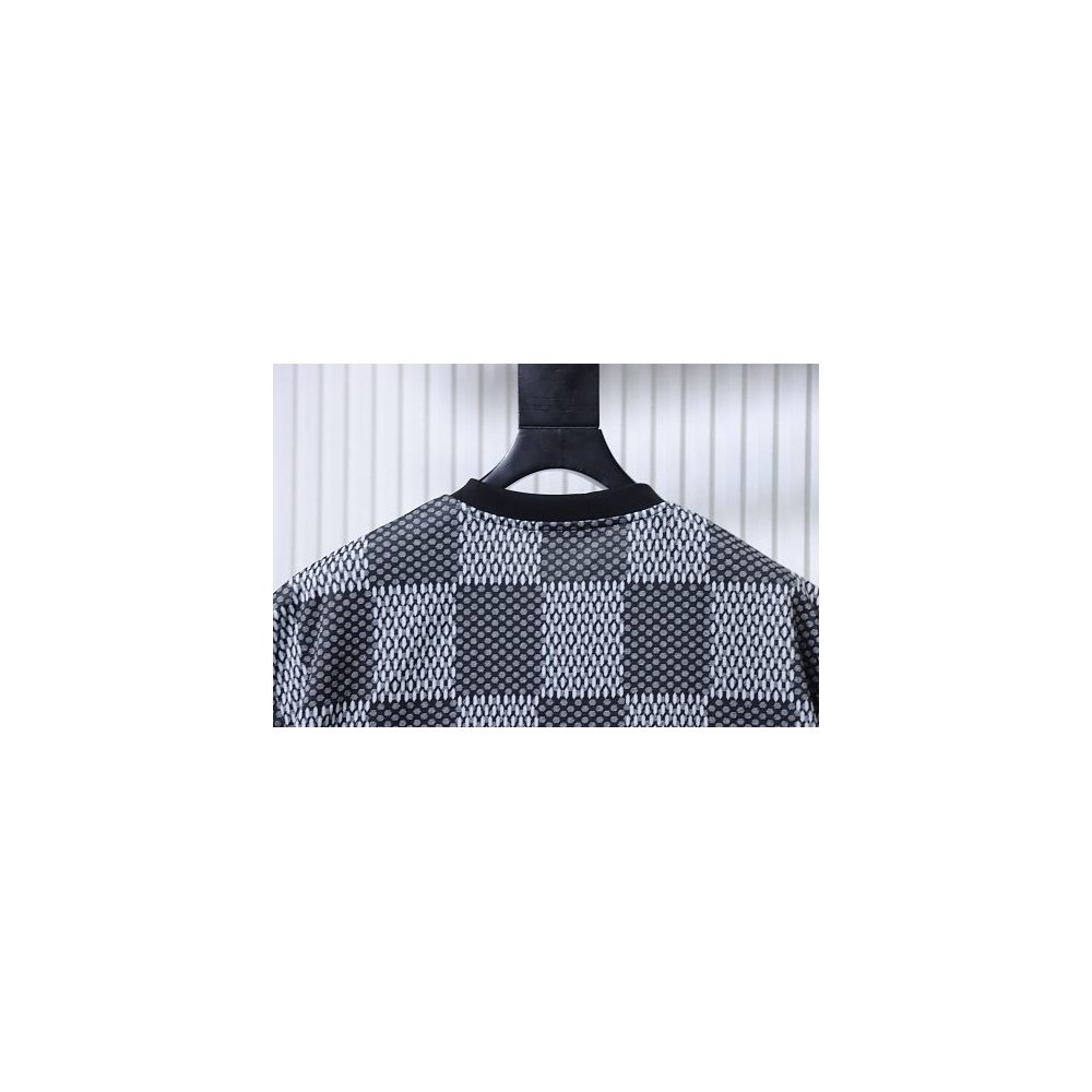 Louis Vuitton Rhinestone Letter Logo Checkerboard T-Shirt Black,Louis Vuitton T-Shirts,T-Shirts,CLOTHES