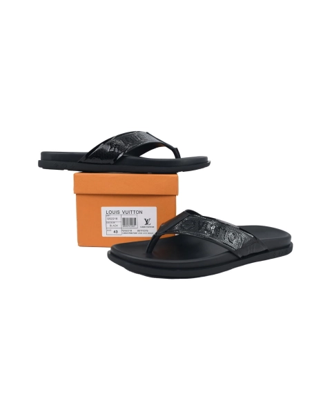 Louis Vuitton Flip Flop Sandal Full-Lettering Logo Jet Black Leather