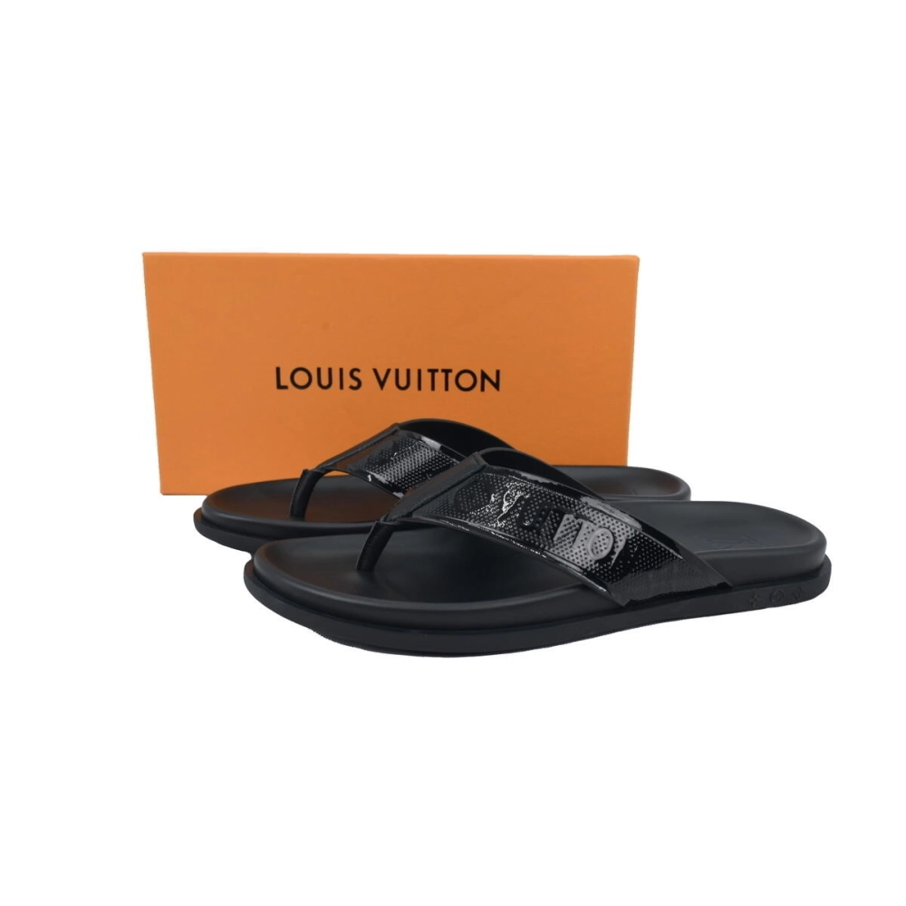 Louis Vuitton Flip Flop Sandal Full-Lettering Logo Jet Black Leather