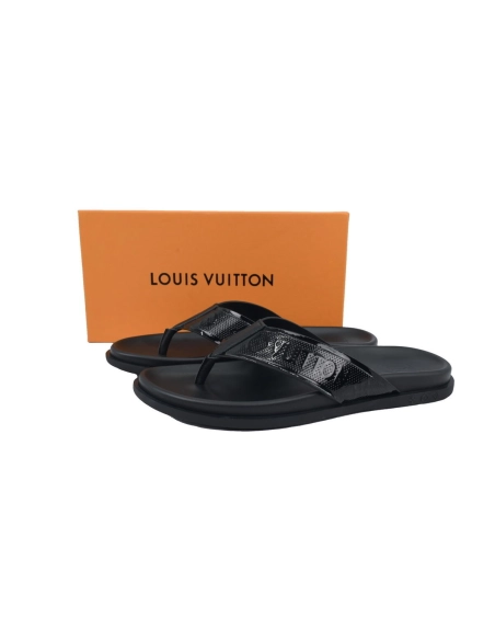 Louis Vuitton Flip Flop Sandal Full-Lettering Logo Jet Black Leather