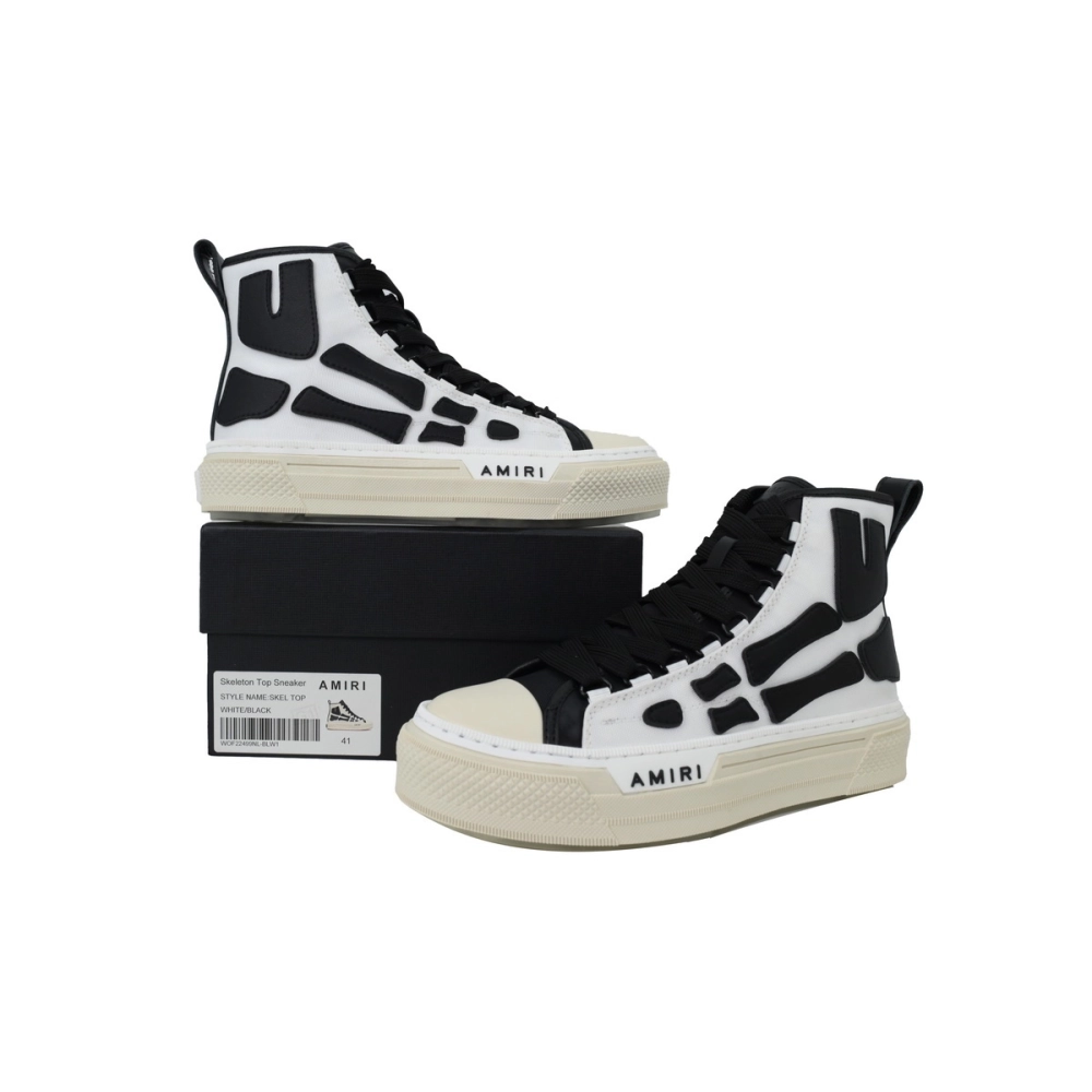 AMIRI Skel Court Hi Sneakers Cotton Canvas and Buffed Leather Sneakers White Black